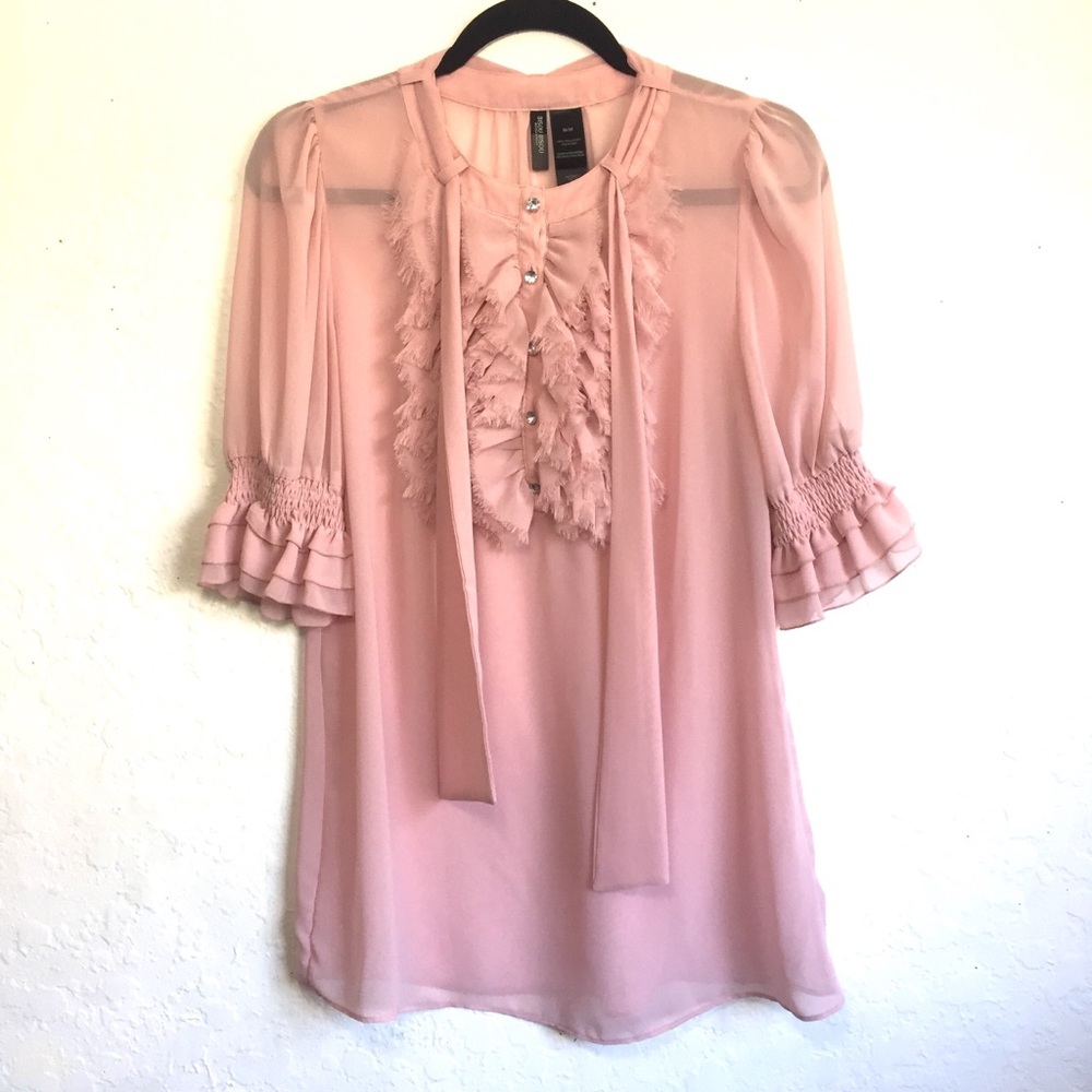 Bisou Bisou Blush Pink Ruffle Tie-Neck Blouse